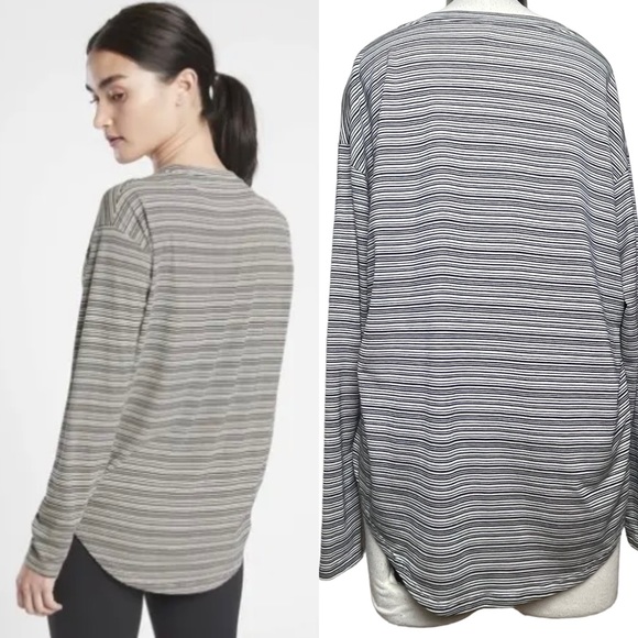 Athleta Women’s Cloudlight Stratus Black/Ivory Striped Top Scoop Neck LS Sz M - Picture 3 of 14